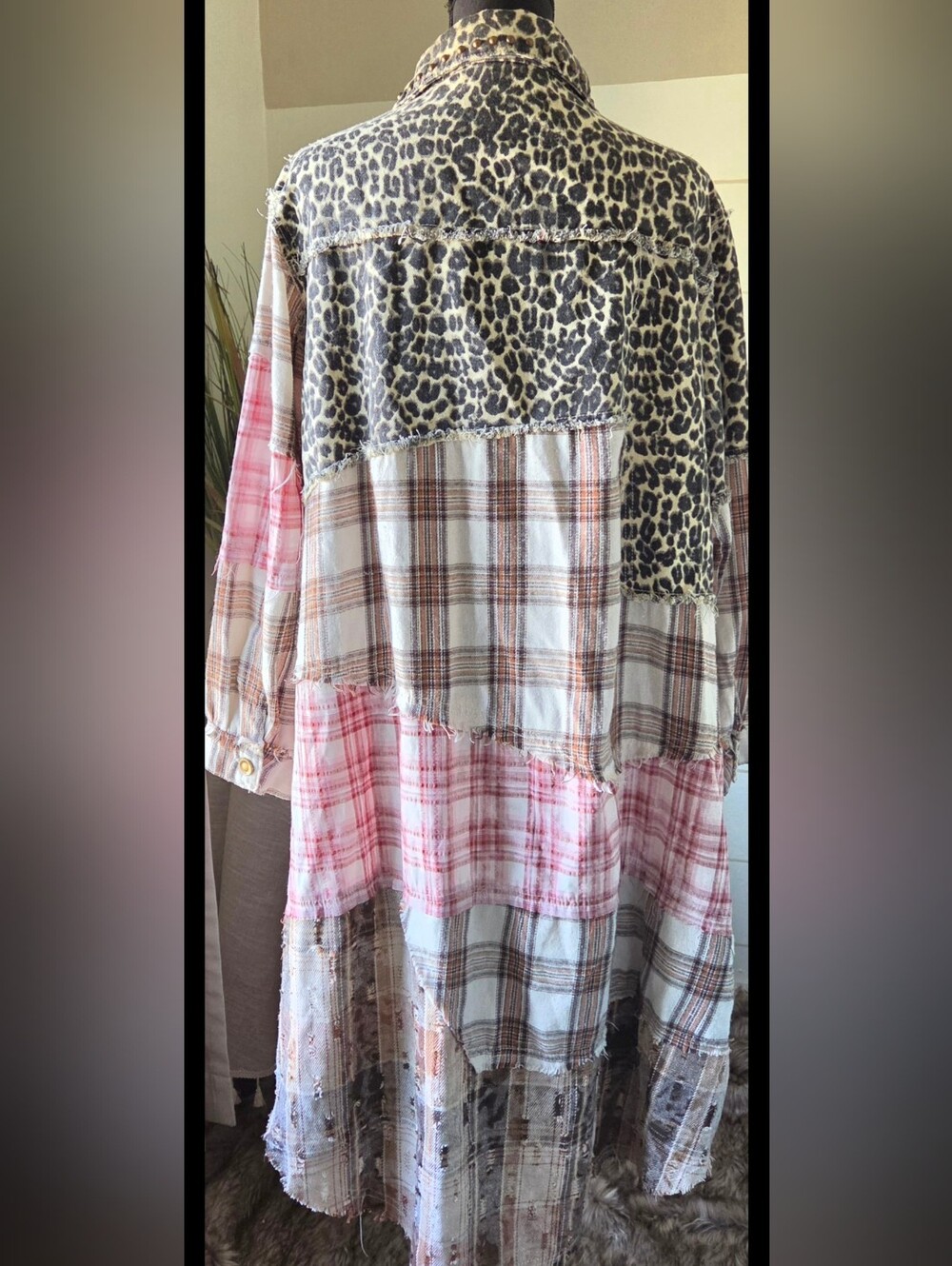 POL Mixed Media Plaid Leopard Duster Shacket Paisley Plant Patchwork Boho Jacket - Picture 3 of 12